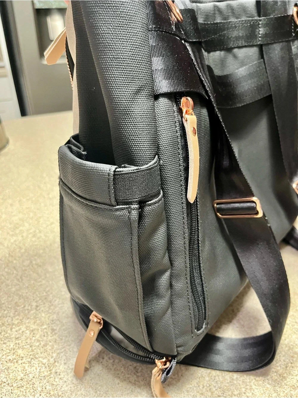 Petunia Pickle Bottom Cream and Black Cross-Print Bag with Rose Gold Hardware